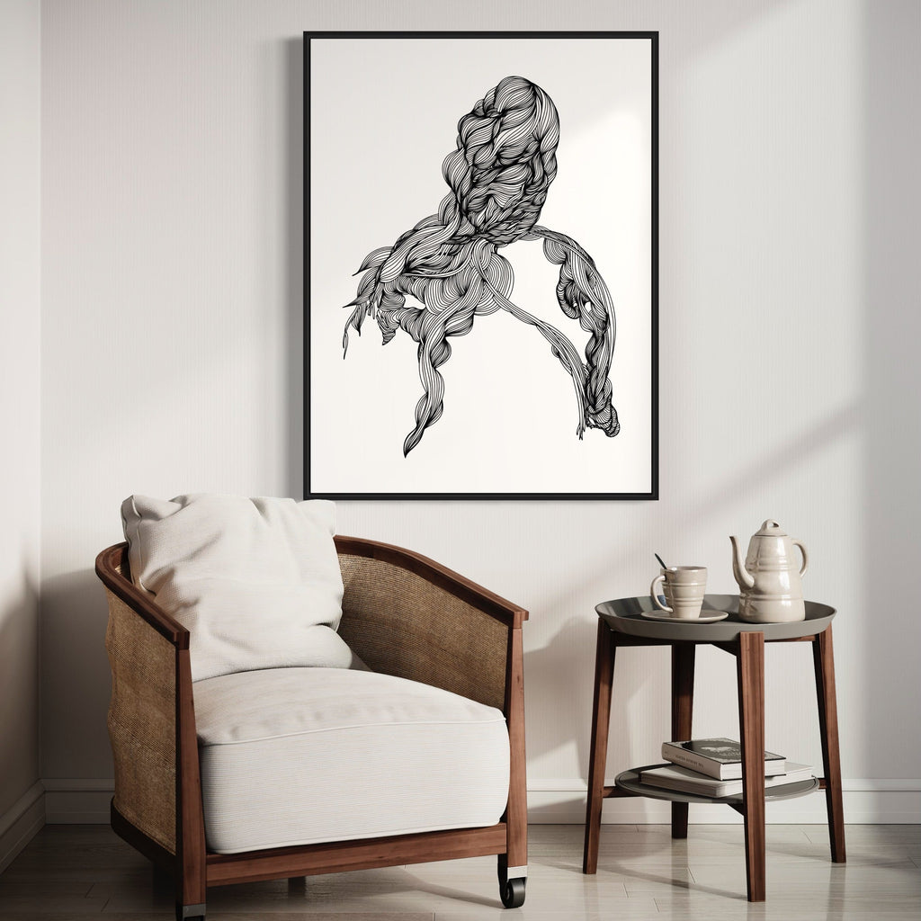 Portrait Linear Drawing by Alina Glotova features an elegant black and white minimalist line art illustration showing a flowing, abstract silhouette. The continuous lines create graceful curves and organic shapes against a stark white background, creating a sense of movement and fluidity. The 40x30 inch print showcases contemporary artistic expression through delicate monochromatic strokes.