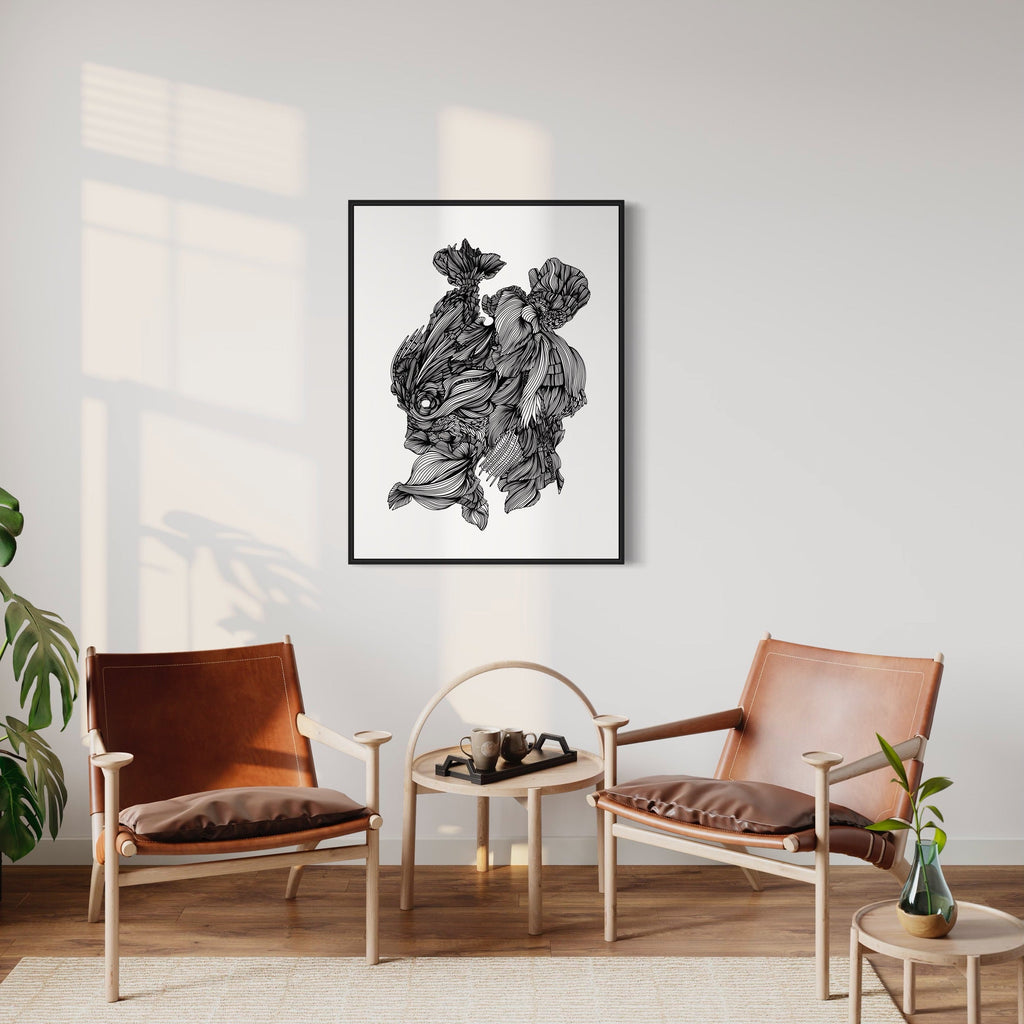 Running Rabbit Linear Drawing by Alina Glotova features a modern minimalist black and white print depicting a rabbit in continuous line art style. The dynamic illustration shows flowing, abstract curves and geometric shapes forming the rabbit's silhouette against a clean white background. The unframed 40x30 inch print showcases elegant monochromatic linework with striking movement and artistic depth.