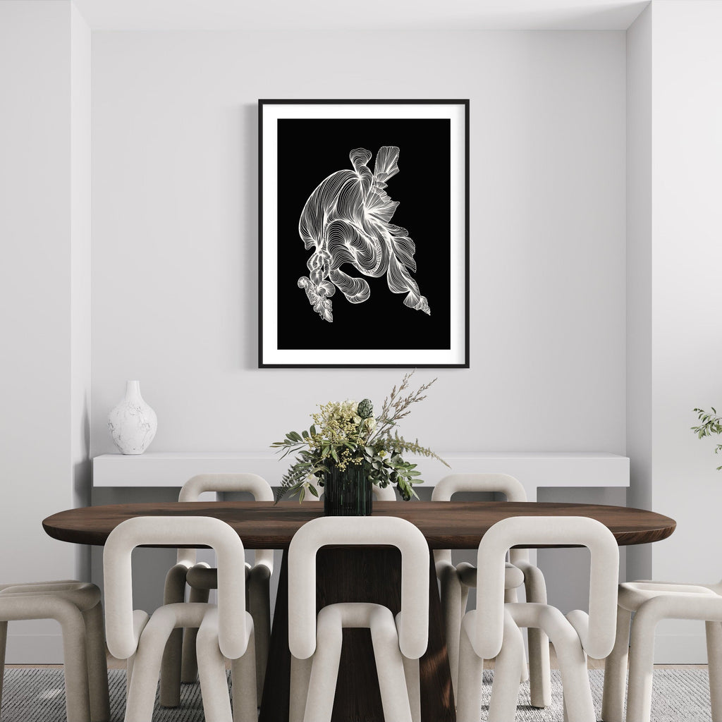 The artwork 'Stereo Linear Drawing' by Alina Glotova features an abstract white linear design on a black background, creating a flowing, dynamic form resembling a ribbon or wave in motion. The monochromatic print showcases intricate geometric patterns with delicate line work, presenting a striking contrast in a modern minimalist style. 40x30 inches unframed print by Alina Glotova.