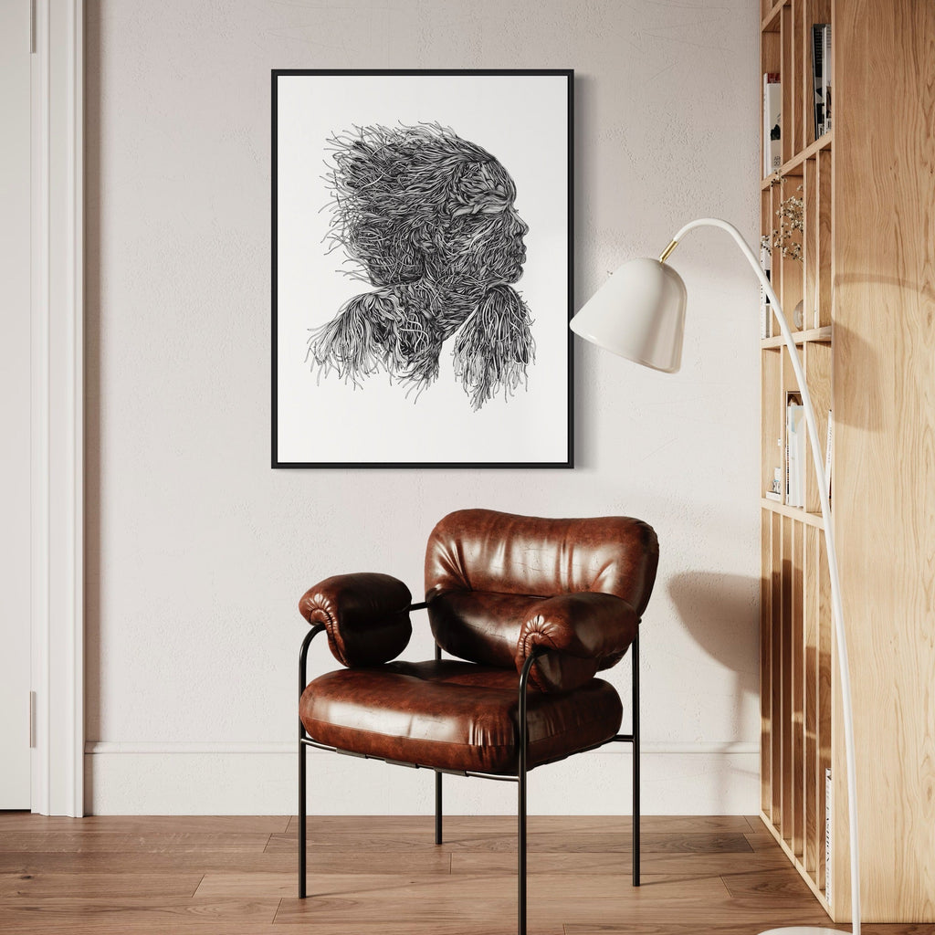 The Wind Linear Drawing Portrait by Alina Glotova features an intricate black and white line art illustration depicting a profile silhouette formed by dynamic, flowing lines suggesting windswept movement. The minimalist print shows delicate pen strokes creating texture and depth in a 40x30 inch contemporary wall art piece by Alina Glotova.