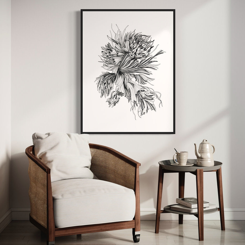 Light Gray Underwater Peony Linear Drawing