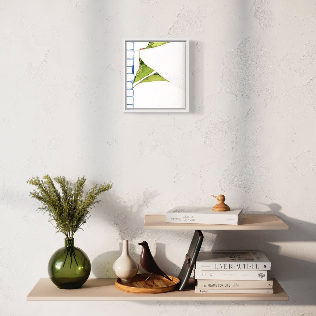 The artwork 'Don't panic 401/5' by Susan Rowe Harrison features a minimalist composition with a white background and blue gridlines along the edge, complemented by a striking lime-green geometric form that appears to be peeling or folding from the corner of the frame. Created with ink on paper, this contemporary abstract piece measures 9.5 x 10.75 inches by Susan Rowe Harrison.