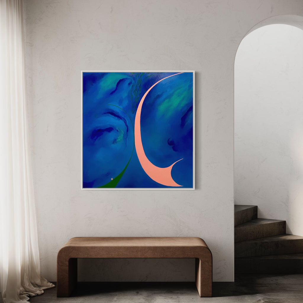 The artwork 'Meet Me Where I Am' by Jacki Davis features a striking crescent shape in coral pink against a deep oceanic blue background. Swirling textures in turquoise and emerald green create a dreamy, ethereal atmosphere. The acrylic on canvas painting presents a modern abstract composition, with fluid brushstrokes creating movement across the 42x40 inch surface.
