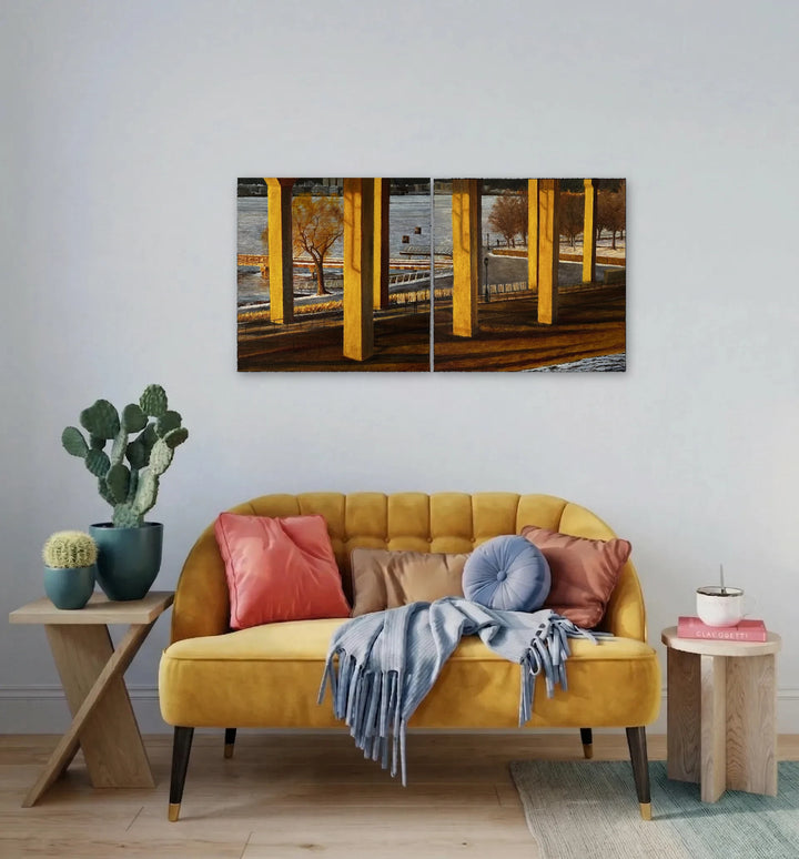 The artwork, Winter Sunset, Riverside Park South (Diptych), by Jessica Ziegler, displayed in a room.