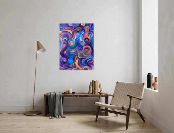 Introspection by Kim Rosebud features swirling abstract shapes in vibrant purples and blues with warm earth tones, creating a fluid, textured composition that adds contemplative depth and movement to modern interior art spaces.