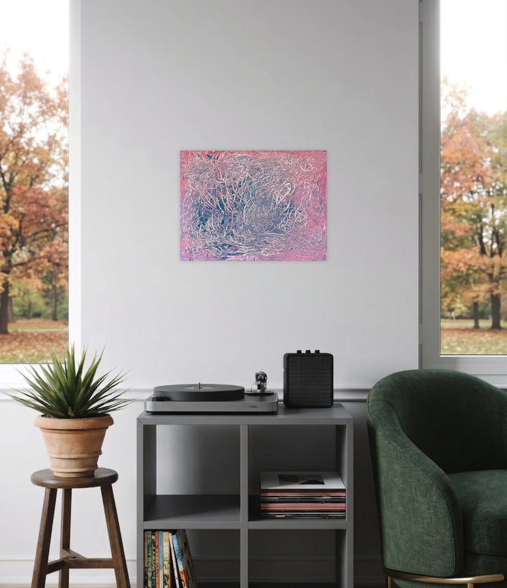 Textured Feelings by Kim Rosebud is an abstract art piece featuring intricate swirling lines and organic shapes in soft pinks and muted blues, creating a layered composition that evokes subtle movement and emotional depth, perfect for adding artistic ambiance to any room.