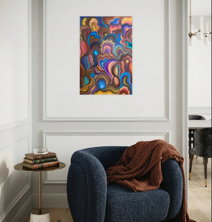 The Collective by Kim Rosebud displays an intricate abstract design with layered, swirling shapes in deep blues, warm browns, and vibrant purples, creating a rich, textured visual experience that enhances contemporary interior art aesthetics.