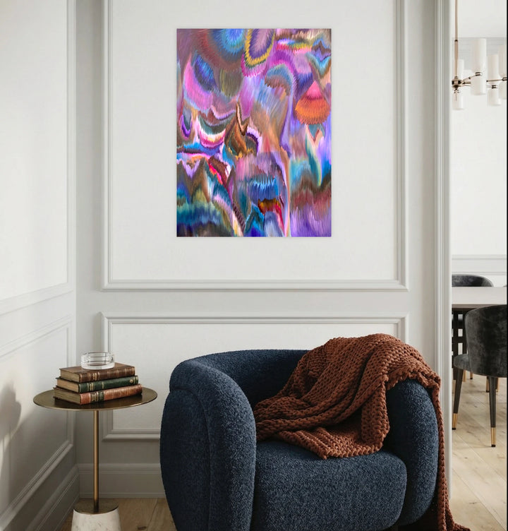 The Unraveling by Kim Rosebud is an abstract art piece showcasing vibrant purples, blues, and warm tones in fluid, organic shapes, blending soft gradients and dynamic patterns for a mesmerizing, immersive visual effect that adds contemporary elegance to any space.