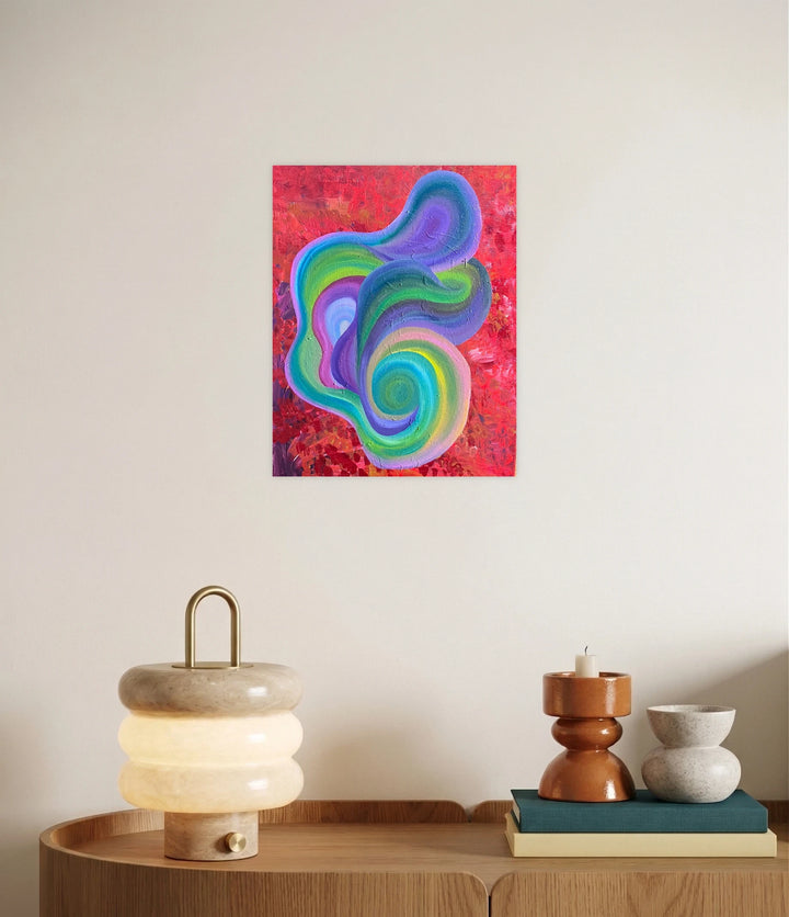 The Womb by Kim Rosebud is an abstract art piece featuring swirling, layered organic shapes in greens, blues, purples, and yellows set against a richly textured red backdrop, offering a vibrant and contemplative visual experience.