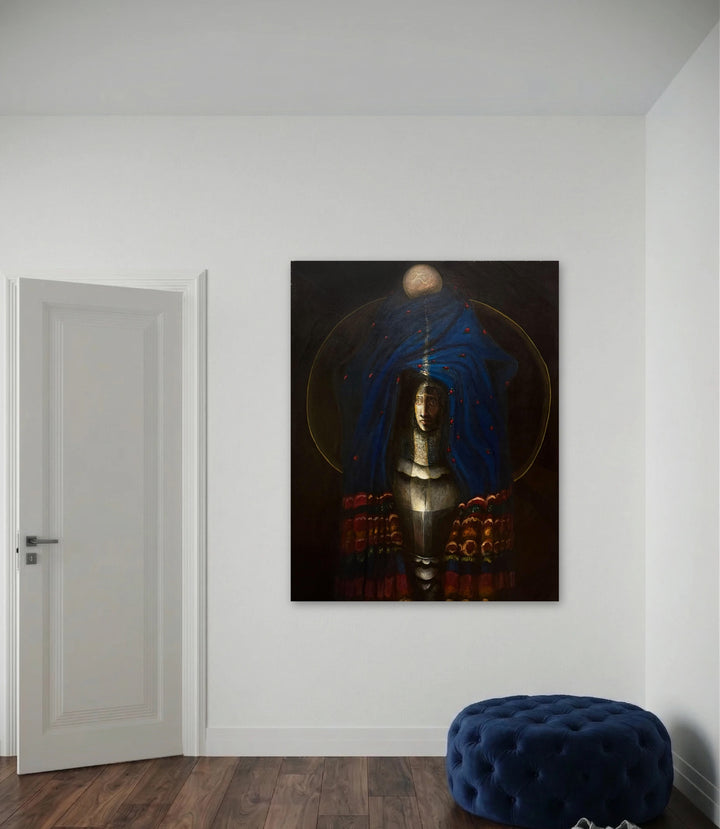 The artwork, Knight of the Great Bird, by Griffin Cordell, displayed in a room.