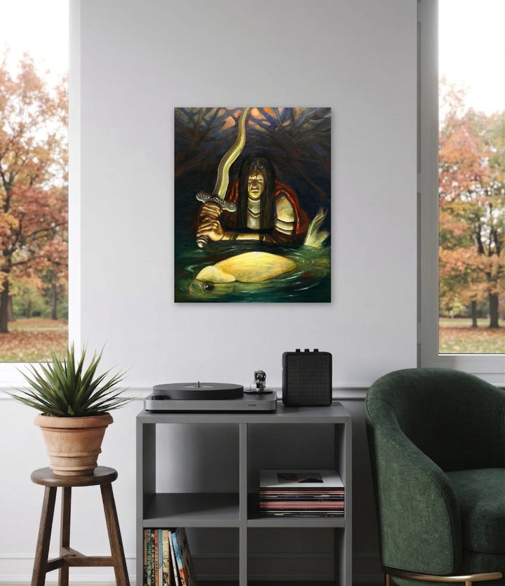 The artwork, Knight of the Great Fish, by Griffin Cordell, displayed in a room.
