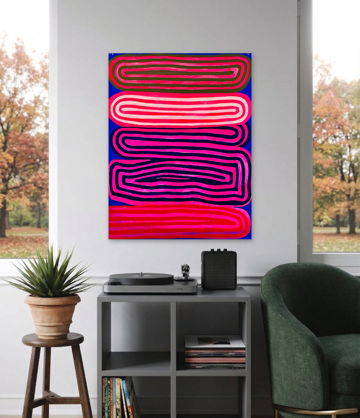 The artwork, Glacial Grooves, by Natalie Lanese, displayed in a room.