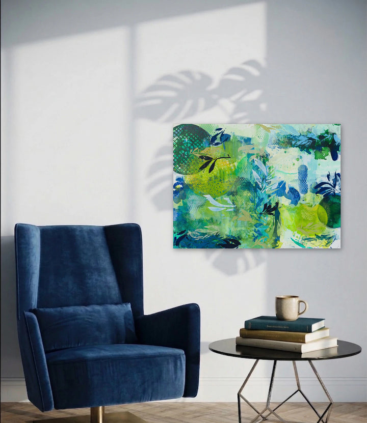 The artwork, Through the Window, by Lisa Petker Mintz, displayed in a room.