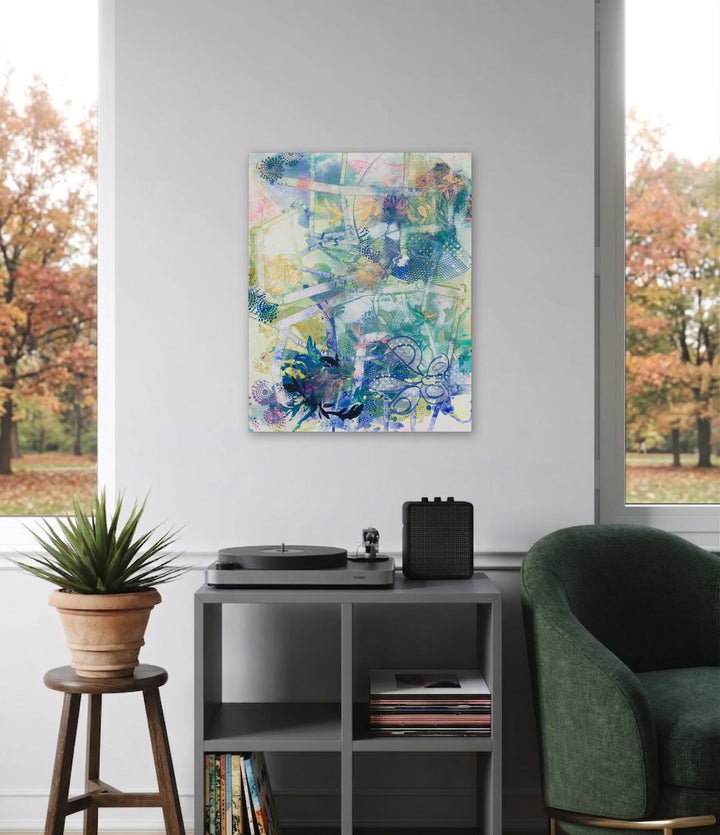 The artwork, Blue After, by Lisa Petker Mintz, displayed in a room.