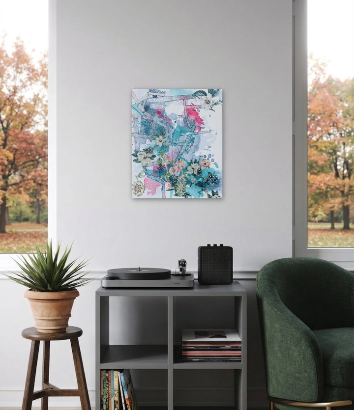 The artwork, Dance of Unruly Blooms 3, by Lisa Petker Mintz, displayed in a room.