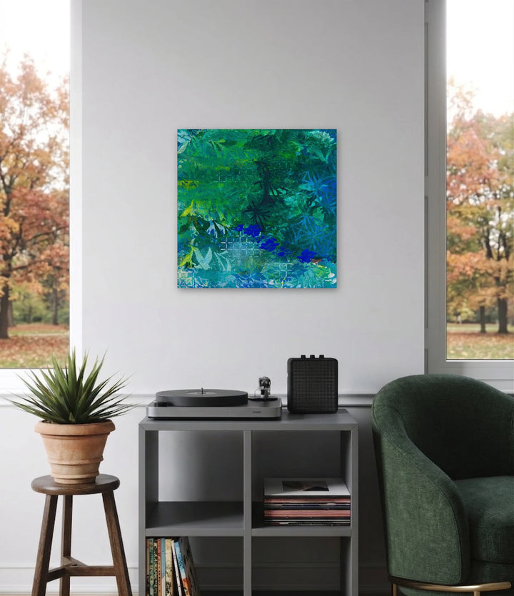 The artwork, Lush Leaves, by Lisa Petker Mintz, displayed in a room.
