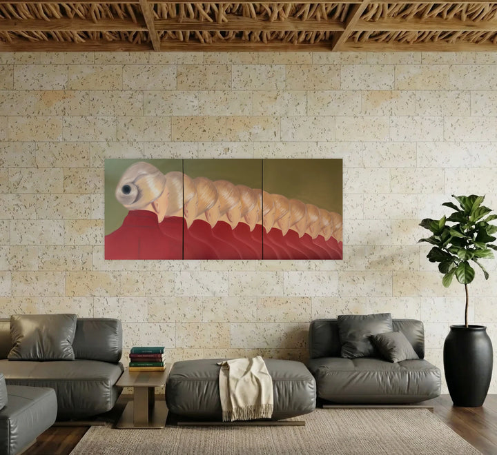 Me, Multiplied by Time by Anastasia Korsakova features a surreal three-panel artwork depicting a pale, segmented creature with an eye-like head against a muted olive and red background, blending imaginative forms with contemporary art themes for a striking visual statement.