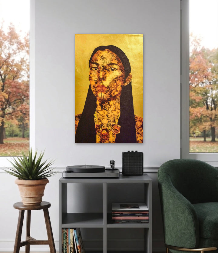 The artwork, Quannah Chasinghorse., by Esteban Jimenez Guerra, displayed in a room.