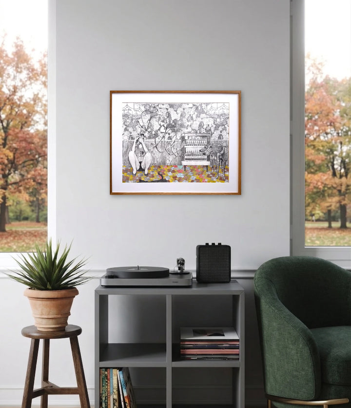 The artwork, Kicking the Can, by Ray Borchers, displayed in a room.