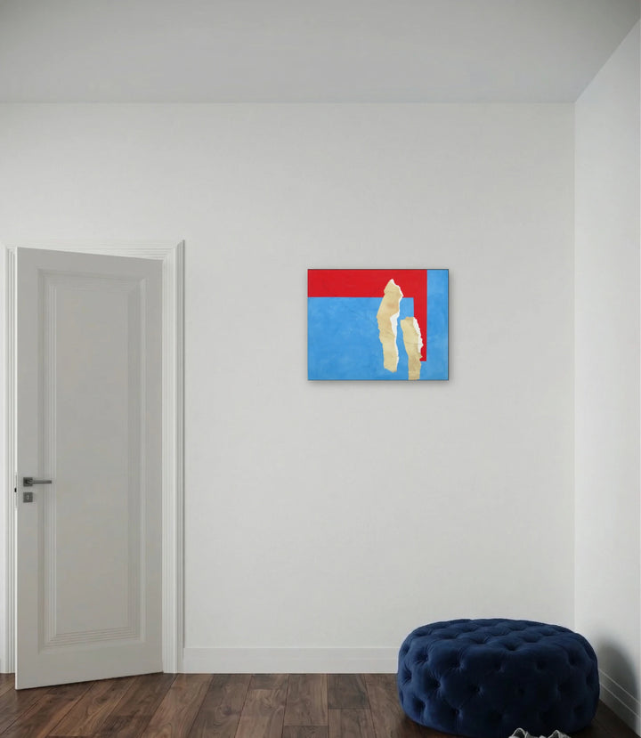 The artwork, Buff and Red on Blue VIII, by Diane Englander, displayed in a room.