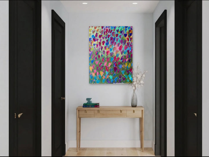 The artwork, Signals Beneath The Bloom, by Tiff Urquhart, displayed in a room.