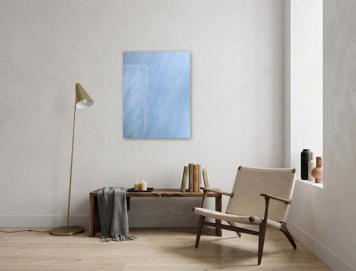 The artwork, Sky Blue Place, by Francie Lyshak, displayed in a room.