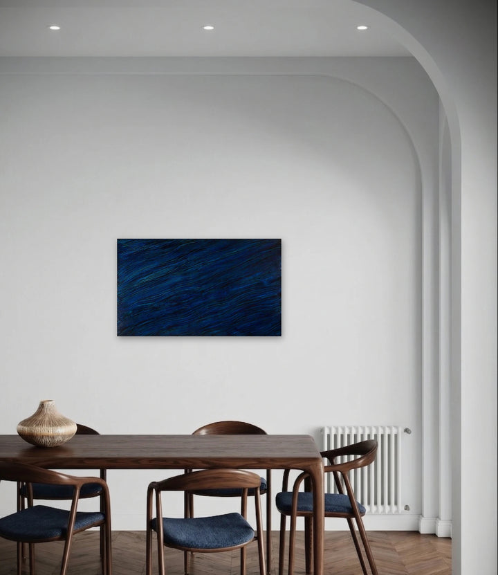 The artwork, Streaming Milori Blue, by Francie Lyshak, displayed in a room.