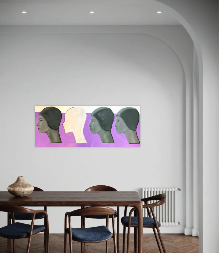 The Space Where I Was by Anastasia Korsakova displays a sequence of female profiles wearing swim caps in dark and light tones against a divided white and purple background, blending minimalist portraiture with thoughtful exploration of identity in a clean, contemporary setting.