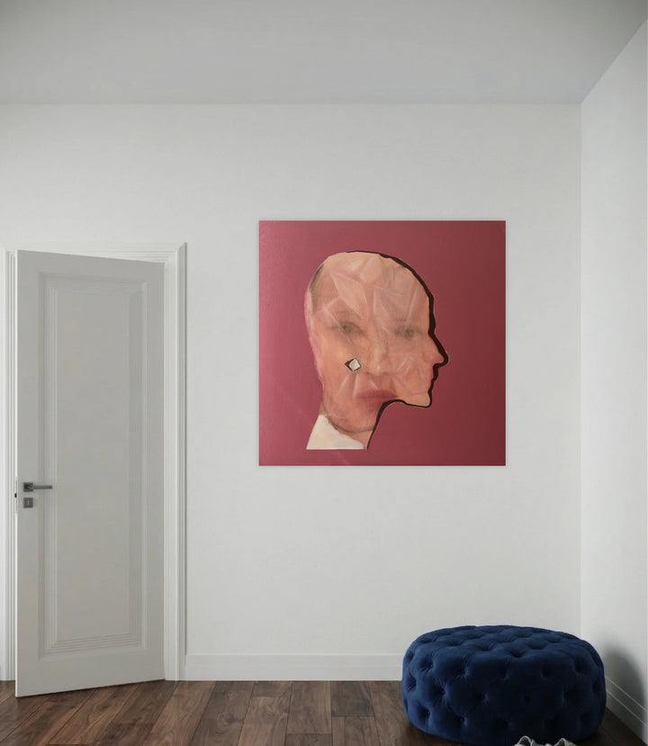 The Version I Remember by Anastasia Korsakova presents an abstract layered portrait merging geometric shapes with a side profile silhouette against a muted maroon backdrop, evoking thought-provoking emotions through its modern artistic expression.