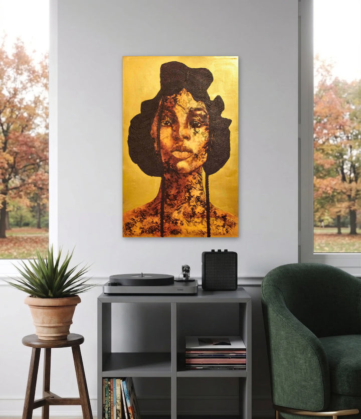 The artwork, Tiffany Hendrick, by Esteban Jimenez Guerra, displayed in a room.