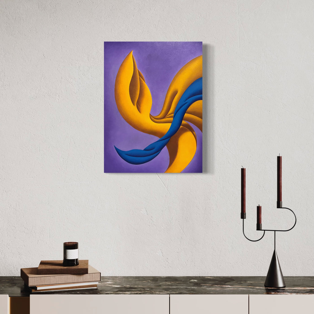 The artwork 'The Promise of Life' by Joe Piscopia features abstract curved shapes in vibrant golden yellow and royal blue against a rich purple background. The flowing forms create a dynamic spiral composition, suggesting movement and harmony. Oil on canvas painting with smooth textures and bold color contrasts.