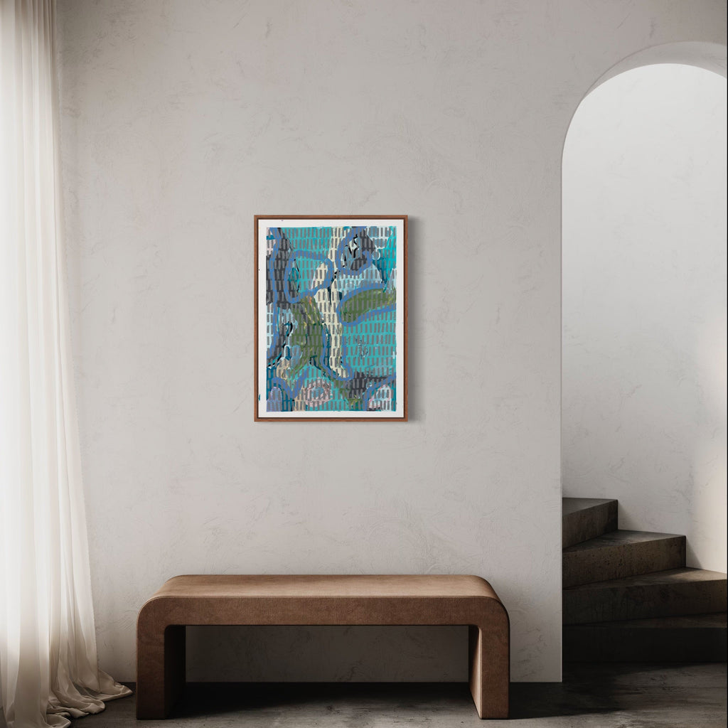 The artwork 'Layered Practices II' by Lynnette Therese Sauer features abstract organic shapes in shades of turquoise, blue, and grey, overlaid with a rhythmic pattern of vertical white brushstrokes. The composition blends oil and acrylic paint on gessoed paper, creating a dynamic interplay between flowing forms and structured elements.