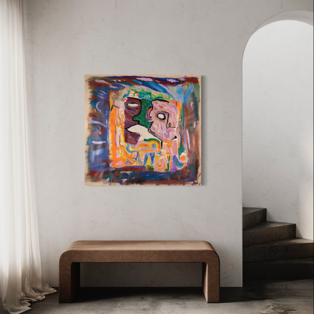 The artwork 'Mirror Mirror' by Koi King features an abstract expressionist composition with vibrant brushstrokes in orange, blue, and pink. An abstract profile emerges from dynamic swirls and geometric shapes, rendered in acrylic on canvas with bold, gestural marks. The painting combines graffiti-like elements with painterly textures creating a contemporary urban aesthetic. By Koi King.