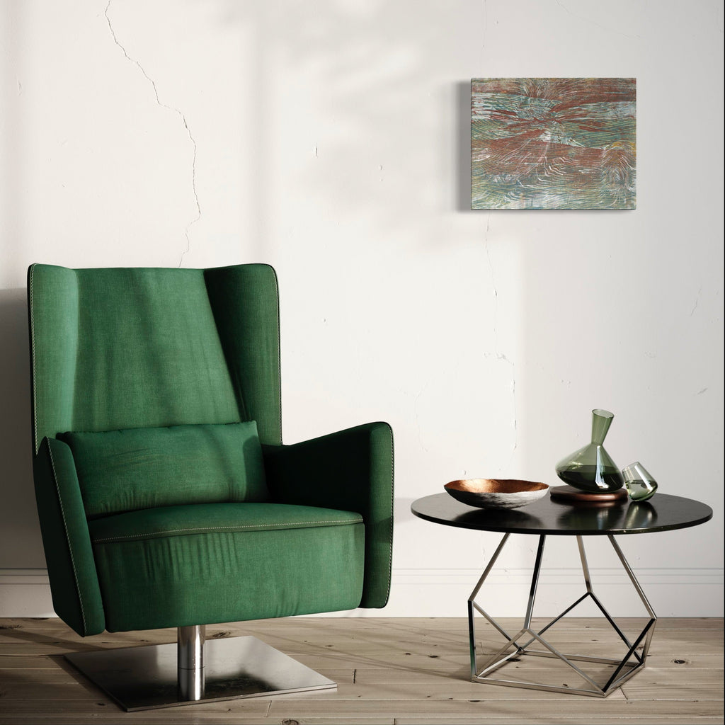 The artwork 'Flesh in Water' by Emna Zghal features abstract organic swirls in muted greens and copper tones, showcased on a 16x20 inch woodcut print with gouache on paper mounted on canvas. The piece displays fluid, textural patterns reminiscent of natural aquatic movements, blending earthy and watery elements. By Emna Zghal.