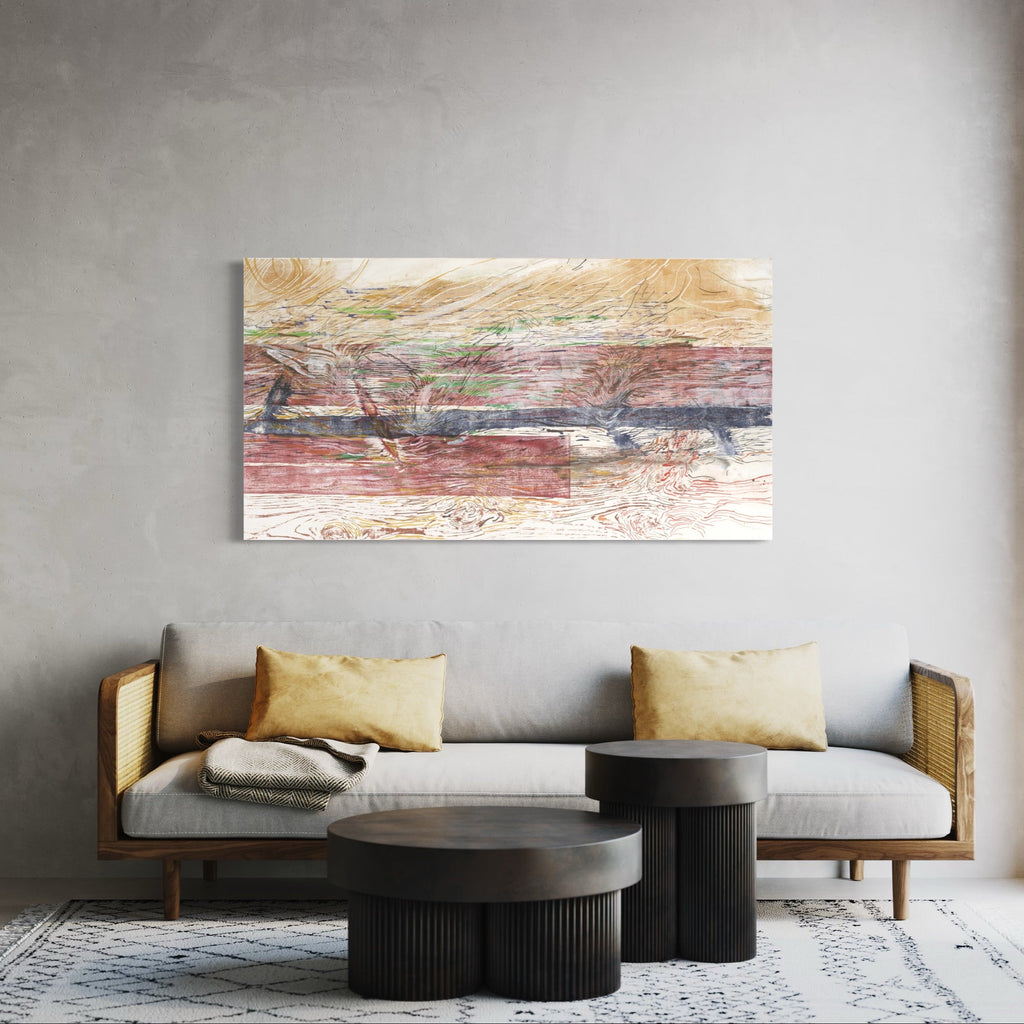 The artwork 'The Fallen' by Emna Zghal features a horizontal abstract landscape rendered in woodcut print, displaying layers of earthy reds, misty greens, and golden hues. Delicate linear patterns suggest weathered terrain, while fluid strokes create a dreamy, atmospheric effect, mounted on canvas - By Emna Zghal.