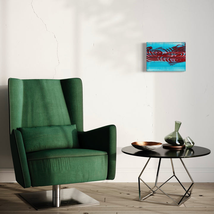 The artwork 'Pills for Breakfast 05' by John Cox features dynamic swirling patterns in vibrant red against a turquoise blue background, creating a striking abstract composition. The acrylic on canvas piece, measuring 12 x 16 inches, displays fluid brushwork and bold color contrast, suggesting a contemporary expressionist style - by John Cox