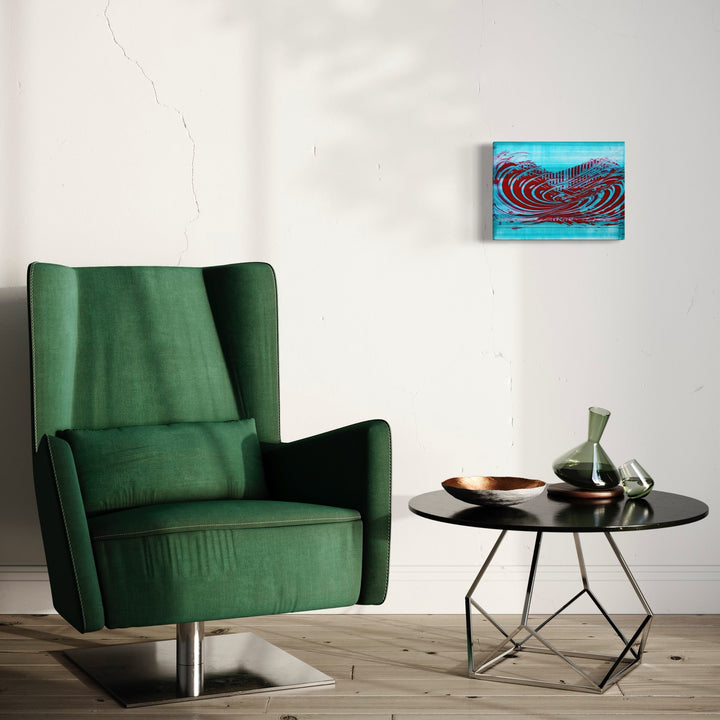 The artwork 'Pills for Breakfast 06' by John Cox features swirling red wave-like patterns against a vibrant turquoise background. The abstract acrylic painting on canvas creates a dynamic visual rhythm through its curved lines and contrasting colors, measuring 12 inches in height and 16 inches in width. By John Cox.