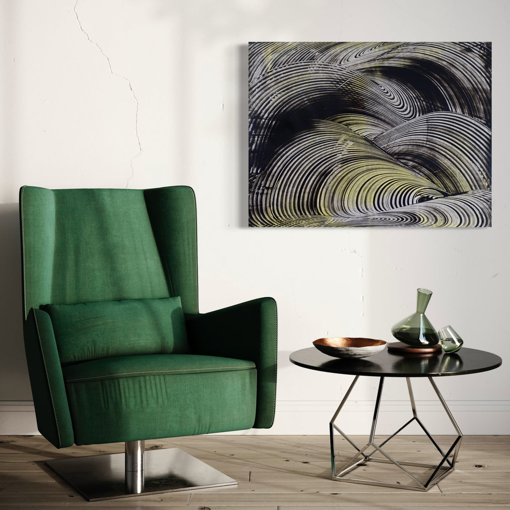 The artwork 'Propagation 02' by John Cox features dynamic swirling patterns in monochromatic grays with subtle yellow undertones, creating a mesmerizing wave-like motion across the canvas. Abstract curved lines flow in concentric arcs, suggesting natural movement and energy. The 42x32 inch acrylic painting combines bold brushstrokes with fluid composition by John Cox.