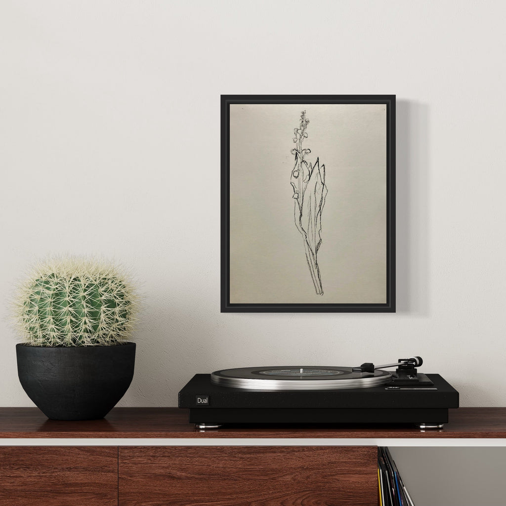 The artwork 'muguet from life, V' by Ryan Zogheb features a delicate charcoal drawing of a lily of the valley stem with leaves, rendered in minimalist line work against a light background. The piece, framed in black, displays elegant botanical details through precise strokes, capturing the natural grace and vertical movement of the flower. Displayed alongside a cactus and turntable on wooden furniture.