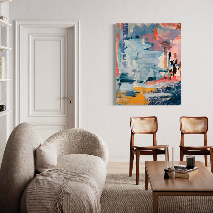 The artwork 'Dowsing Map' by Molly Herman features an abstract composition with dynamic brushstrokes in coral pink, ocean blue, and golden yellow hues. The acrylic and batik collage on canvas creates textural depth through layered elements, featuring gestural marks and organic shapes that flow across the 50x40 inch surface, suggesting movement and exploration through color and form. By Molly Herman.