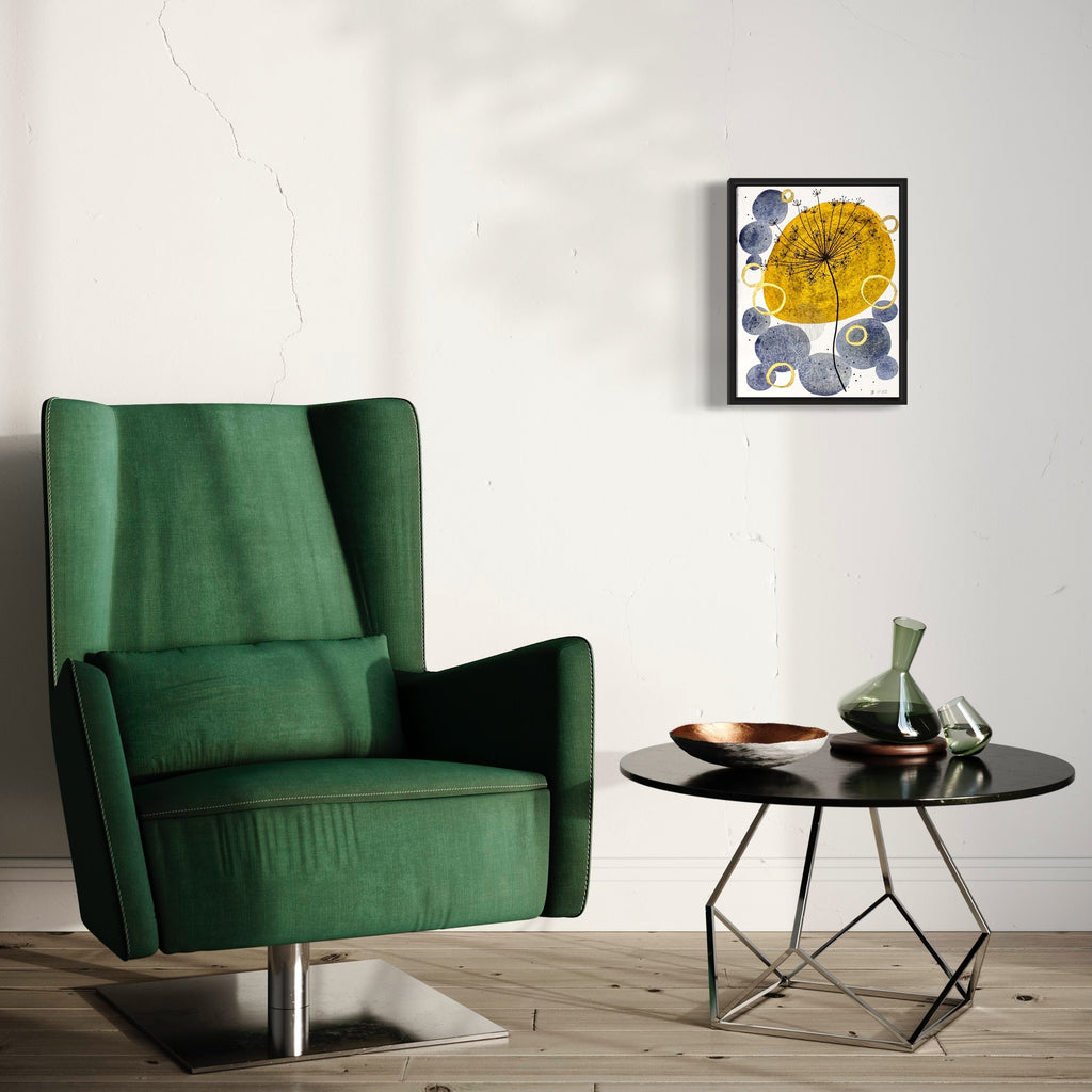 The artwork 'Stamina' by Jocelyn Benford features a vibrant yellow circular form resembling a sun or dandelion, surrounded by ethereal gray circles on white paper. The watercolor and mixed media piece creates a dynamic contrast between warm and cool tones, with delicate brushwork and organic shapes in a modern abstract style, framed in black.