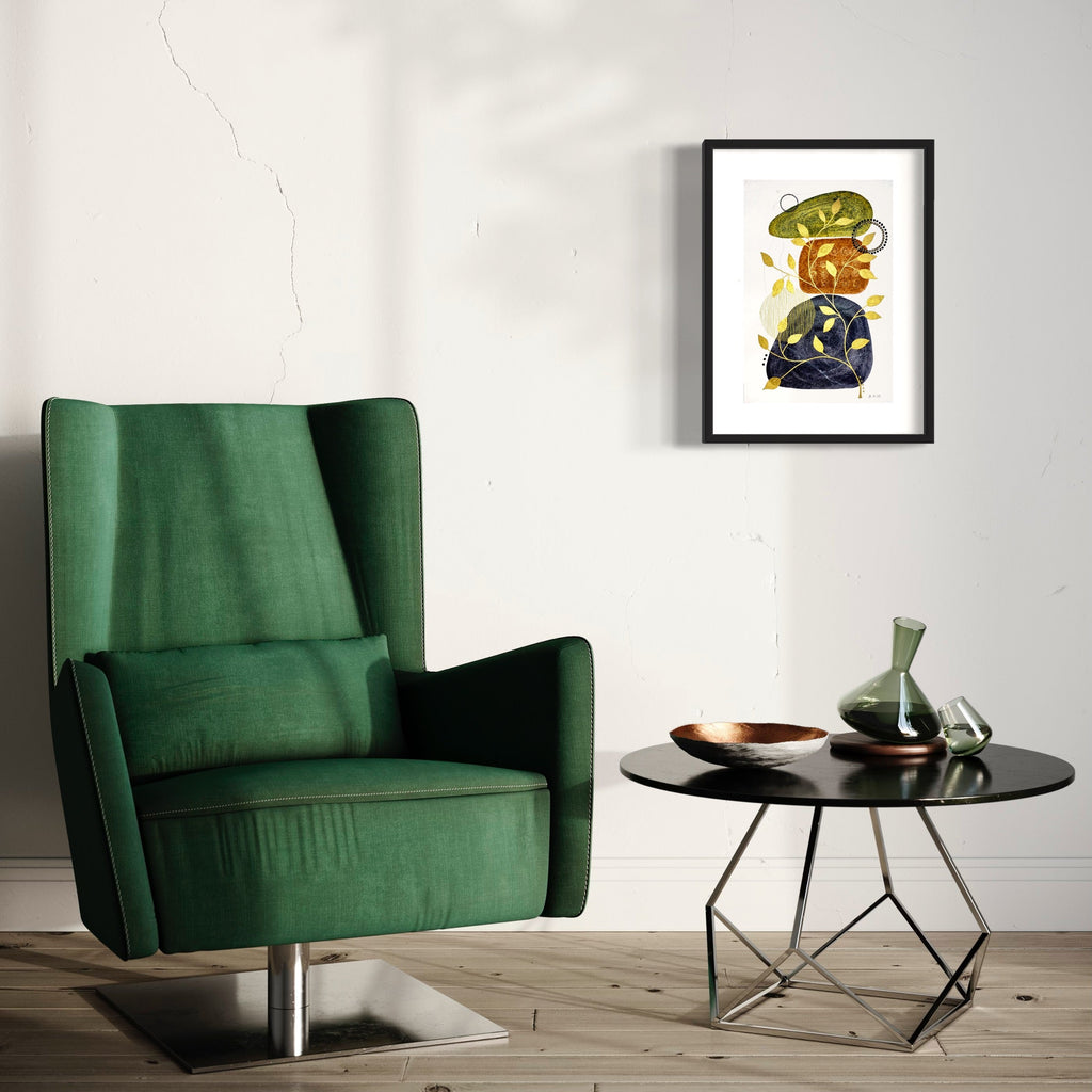 The artwork 'Midas Touch' by Jocelyn Benford features abstract organic shapes in rich gold, navy blue, and olive green, flowing dynamically against a white background. Created in watercolor and mixed media on paper, the 24x18 inch piece showcases fluid brushstrokes and contemporary artistic expression.