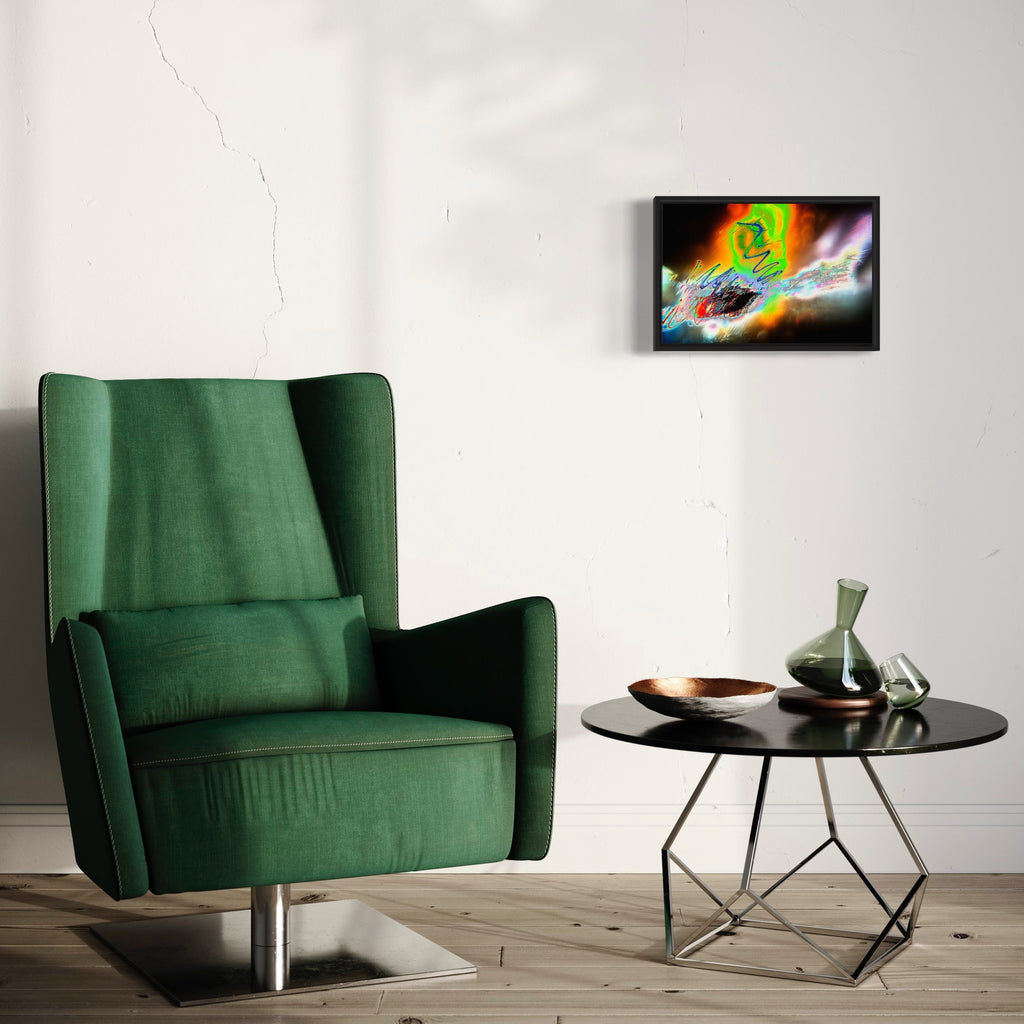 The artwork 'Particle Physics 15' by Chunbum Park features a vibrant abstract composition displaying swirling cosmic energy in brilliant rainbow colors against a dark background. The central focal point shows an explosion-like formation with orange, yellow, and green hues merging into cooler blue tones, suggesting atomic or quantum movement in a framed giclee print.