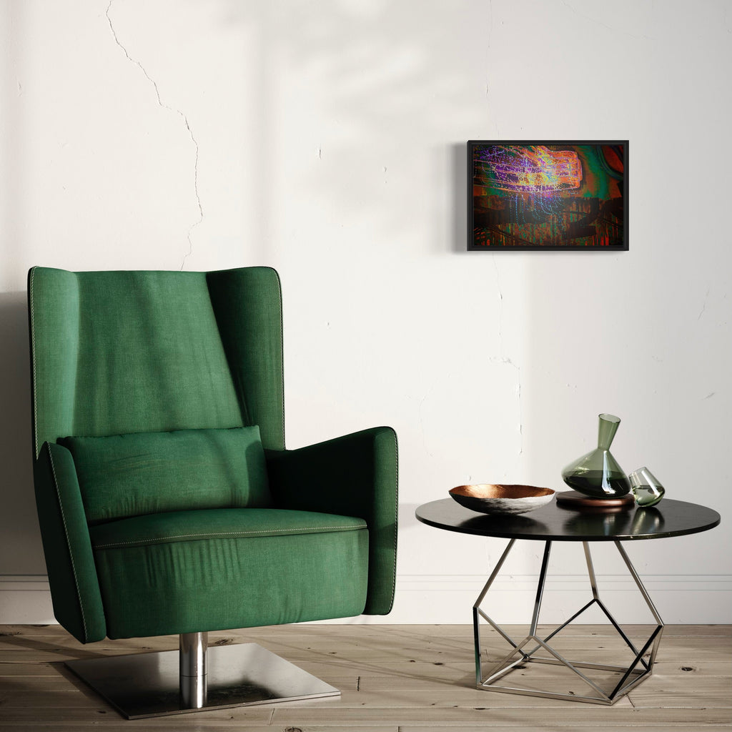 Particle Physics 17 by Chunbum Park features vibrant neon streaks and dots cascading across a dark background, resembling atomic particle trails in a cloud chamber. Electric blues, purples, and oranges create luminous paths against deep emerald and crimson undertones, capturing the ethereal dance of subatomic phenomena in this contemporary abstract giclee print.