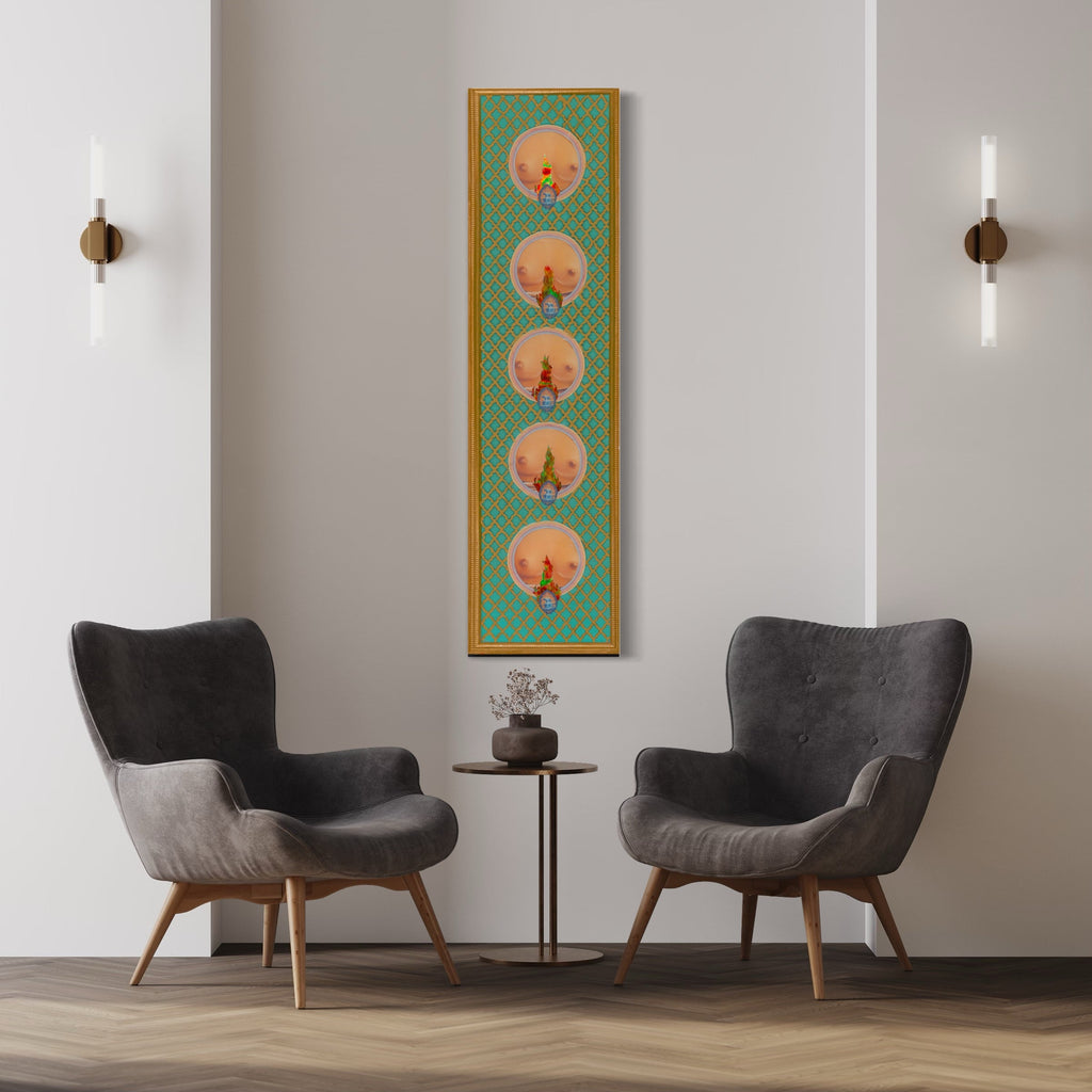 The artwork 'Tits Gold' by Chelsea Amato features five circular medallions arranged vertically on a mint green geometric background with gold framing. Each medallion contains delicate peach-toned circular forms against warm salmon backgrounds. The elongated composition measures 60 by 16 inches, created through mixed media collage techniques that blend vintage-inspired patterns with contemporary design elements. By Chelsea Amato.