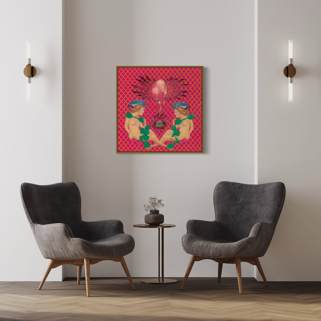 The artwork 'Sacred Child' by Chelsea Amato features a vibrant mixed media collage with symmetrical composition on bright pink geometric background. Two mirrored green dragon-like figures flank a central glowing orb, creating a mystical Eastern-inspired design. The 30x30 inch piece combines traditional motifs with contemporary collage techniques by Chelsea Amato.