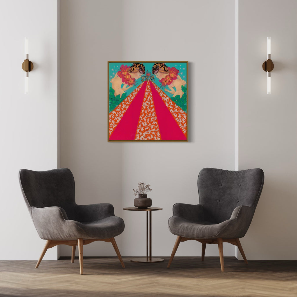 The artwork 'Congragation' by Chelsea Amato features a striking symmetrical composition with mirrored cherubs in peachy tones against a vibrant turquoise background. A bold magenta triangular shape dominates the center, adorned with intricate golden floral patterns. Mixed media collage technique creates rich texture and depth in this 30x30 inch piece. By Chelsea Amato.