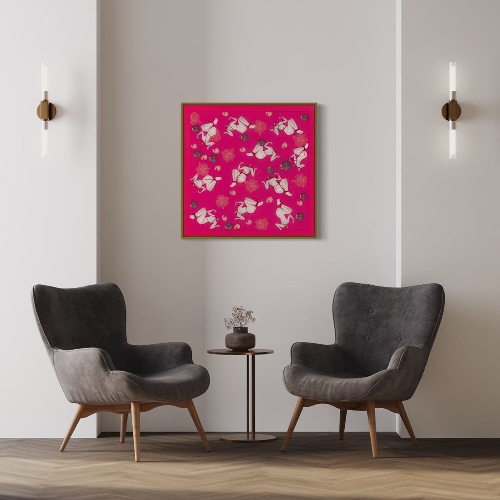 The artwork 'Ruby Red' by Chelsea Amato features a vibrant pink background adorned with delicate white floral patterns scattered across the canvas. This 30x30 inch mixed media collage showcases a rhythmic arrangement of white blossoms and botanical elements, creating a dynamic contrast against the bold fuchsia backdrop. The piece is presented in a sleek wooden frame, perfectly complementing the modern botanical design. By Chelsea Amato.