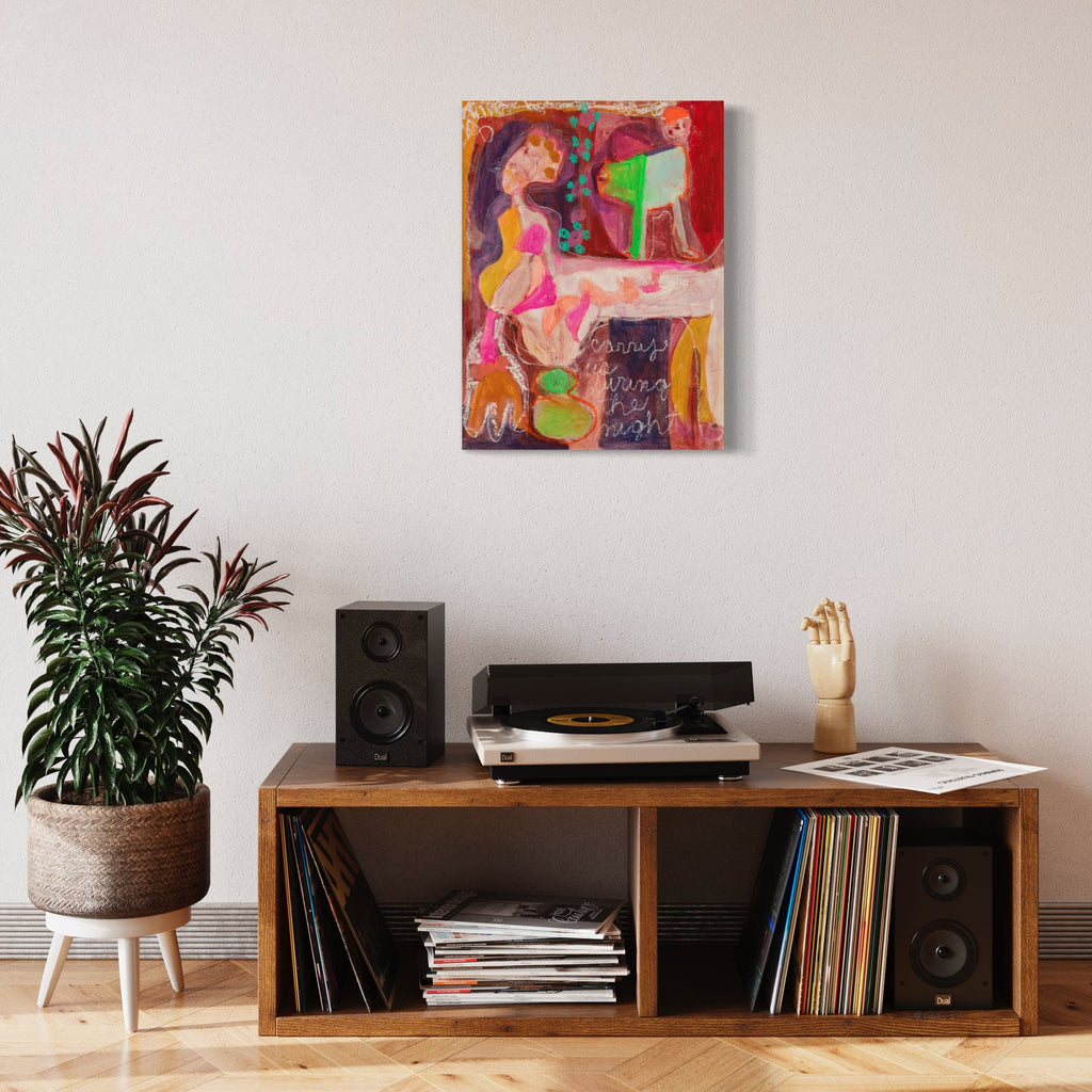 The artwork 'Playing Two' by Jennifer Levine features vibrant abstract figures rendered in expressive brushstrokes. Bold pink, red, and orange hues dominate the composition, with dynamic curved forms creating movement across the canvas paper. Textural elements from acrylic paint and oil stick techniques create depth and visual interest in this 24x18 inch contemporary piece.
