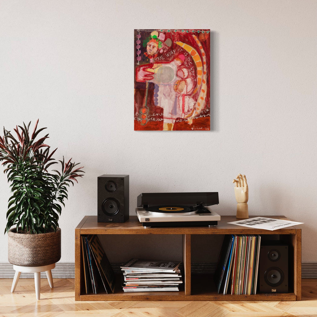 The artwork 'Playing Three' by Jennifer Levine features abstract figures rendered in vibrant reds and oranges on canvas paper. Bold brushstrokes and oil stick markings create dynamic movement against a warm background. The 24x18 inch piece combines acrylic and oil stick techniques to achieve textural depth and expressive energy. By Jennifer Levine.